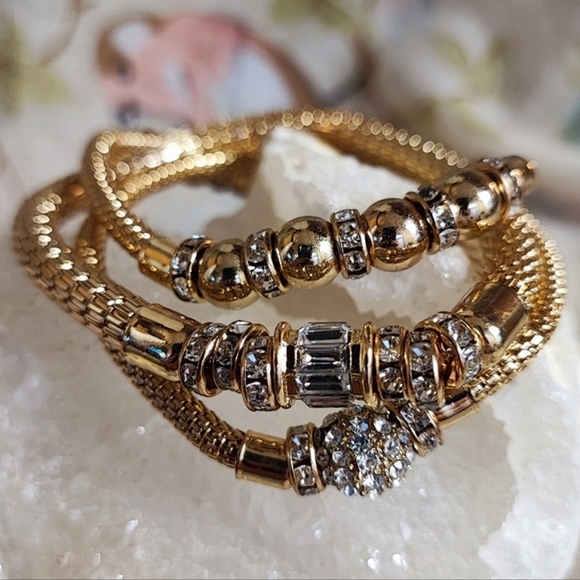 3 Gold Tone Metal Mesh Tube Clear  Rhinestone Bracelets New York & Company NWT - Picture 1 of 13